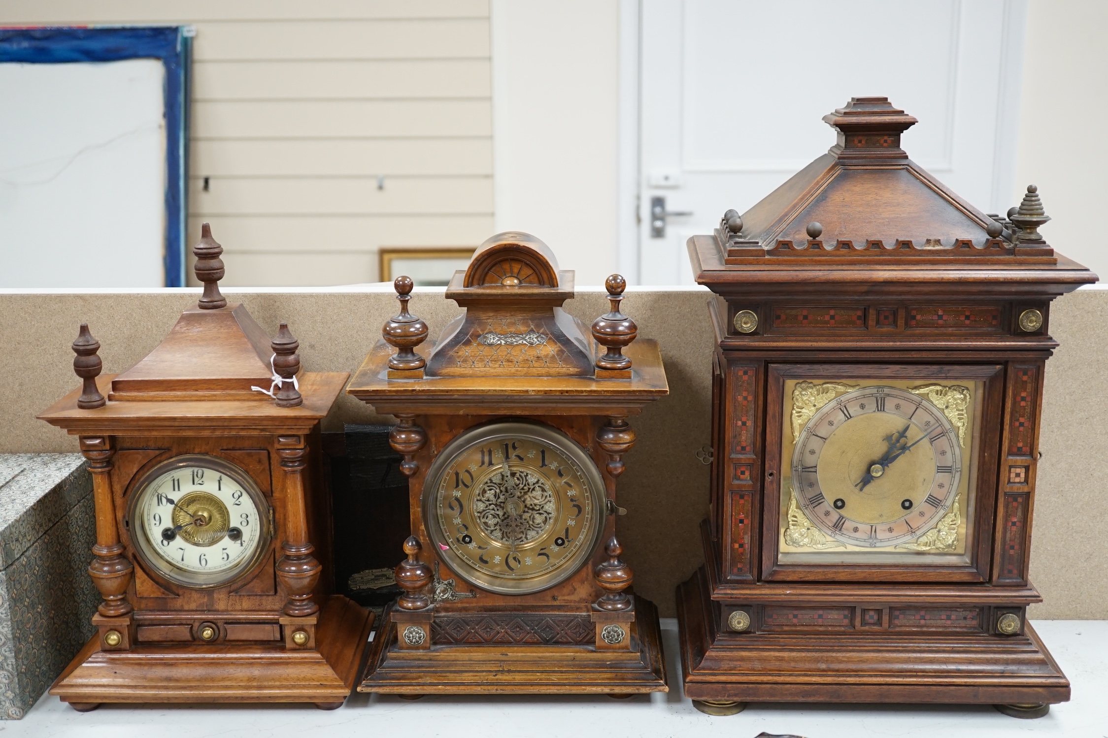 Three various late 19th century mantel clocks, tallest 50cm. Condition - fair. Not tested as working